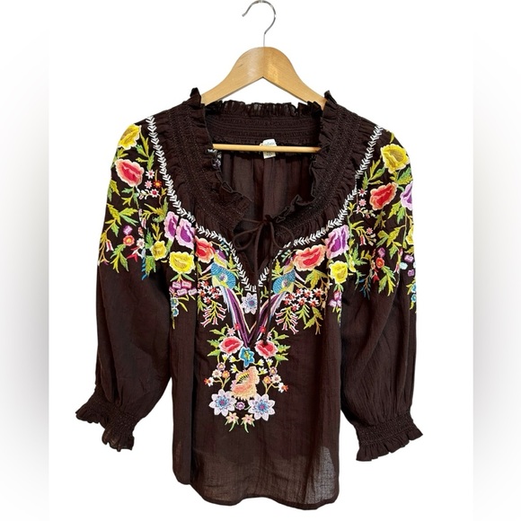 Sundance Amora Blooms Bird Floral Embroidered Boho Top Cotton Brown Small - Picture 2 of 7